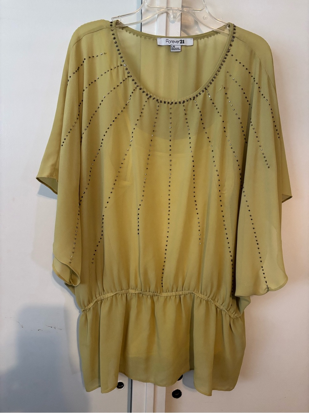 Forever 21 Yellow Beaded Scoop Neck Top Sheer Stretchy Women’s XL